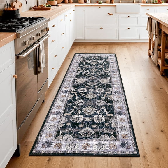 Findosom Washable Runner Rug 2'x6' Non-slip Kitchen Runner Rug, Vintage Paisley Runner Rugs Soft Distressed Carpet Boho Runner Rug for Hallway Bedroom Laundry Entryway,Black