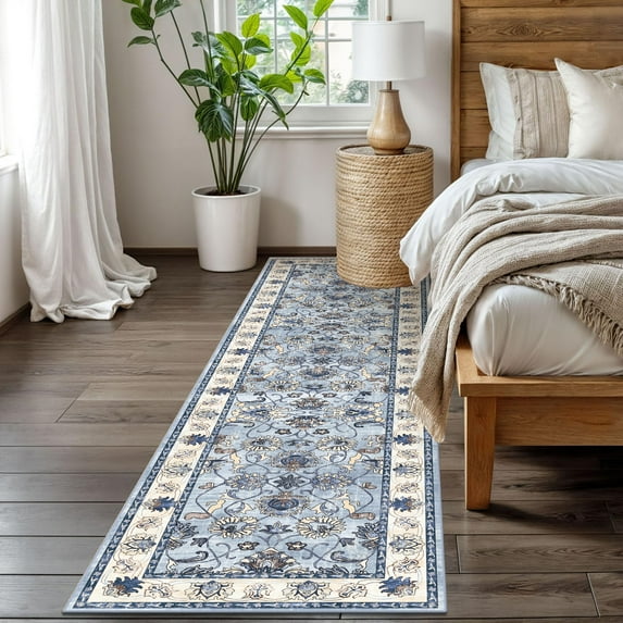 Findosom Washable Runner Rug 2 ft x 8 ft, Blue Vintage Paisley Non-slip Kitchen Carpet