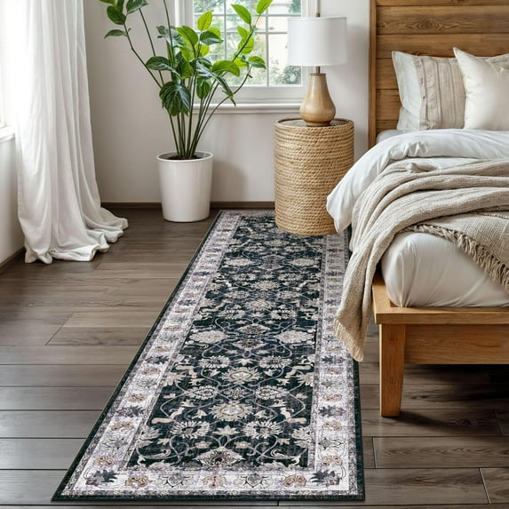 Findosom Washable Runner Rug 2'x8' Non-slip Kitchen Runner Rug, Vintage Paisley Runner Rugs Soft Distressed Carpet Boho Runner Rug for Hallway Bedroom Laundry Entryway,Black
