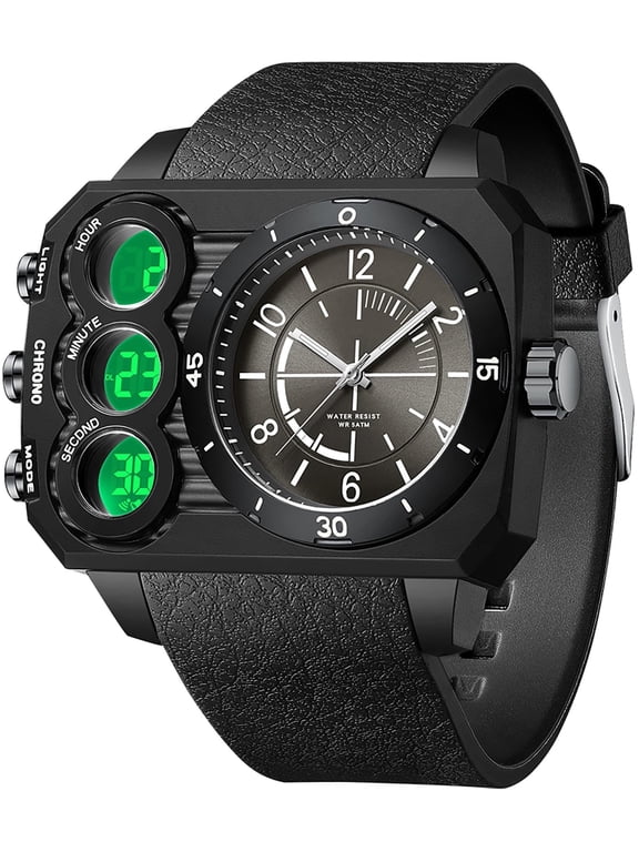 Big Face Watch for Men Square Large Face Cool Mens Watches with Three Time Zone Countdown Alarm LED Stopwatch Unique Cool Wristwatch