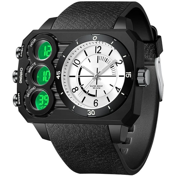 Findtime Big Face Watch for Men Square Large Face Cool Mens Watches with Three Time Zone Countdown Alarm LED Stopwatch Unique Cool Wristwatch