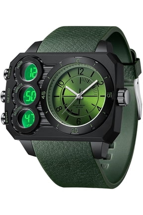 Big Face Watch for Men Square Large Face Cool Mens Watches with Three Time Zone Countdown Alarm LED Stopwatch Unique Cool Wristwatch