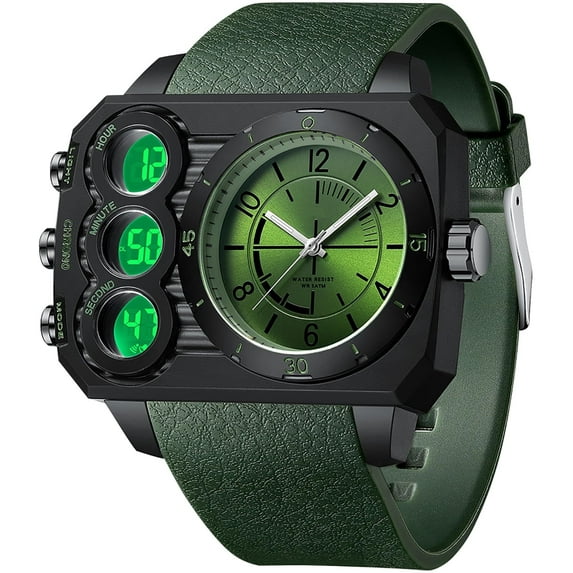 Findtime Big Face Watch for Men Square Large Face Cool Mens Watches with Three Time Zone Countdown Alarm LED Stopwatch Unique Cool Wristwatch