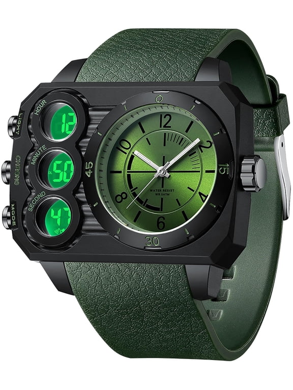 Big Face Watch for Men Square Large Face Cool Mens Watches with Three Time Zone Countdown Alarm LED Stopwatch Unique Cool Wristwatch