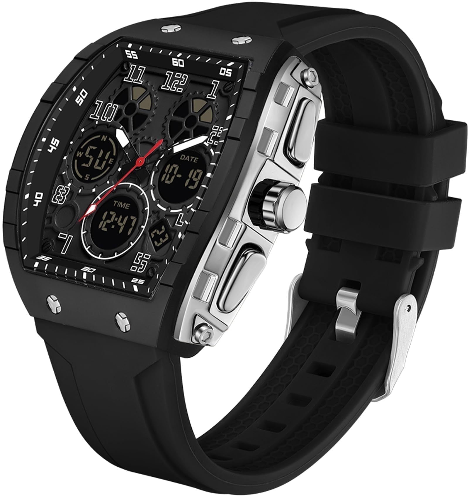 Findtime Designer Watches for Men Causal Quartz Dress Wrist Watch Unique Rectangle Dial White Wristwatch with Digital Analog Dual Time Display Countdown
