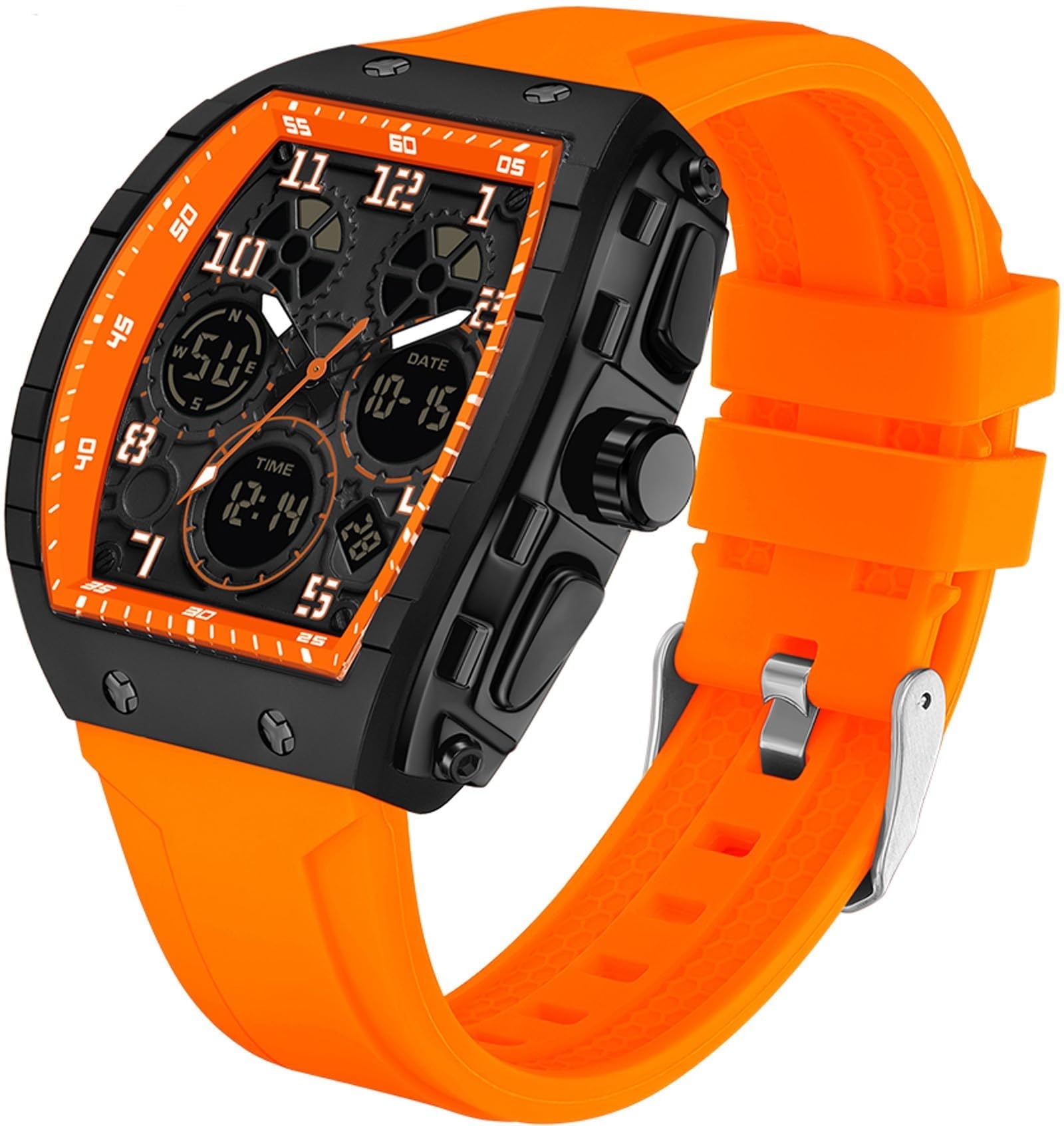 Findtime Designer Watches for Men Causal Quartz Dress Wrist Watch Unique Rectangle Dial White Wristwatch with Digital Analog Dual Time Display Countdown