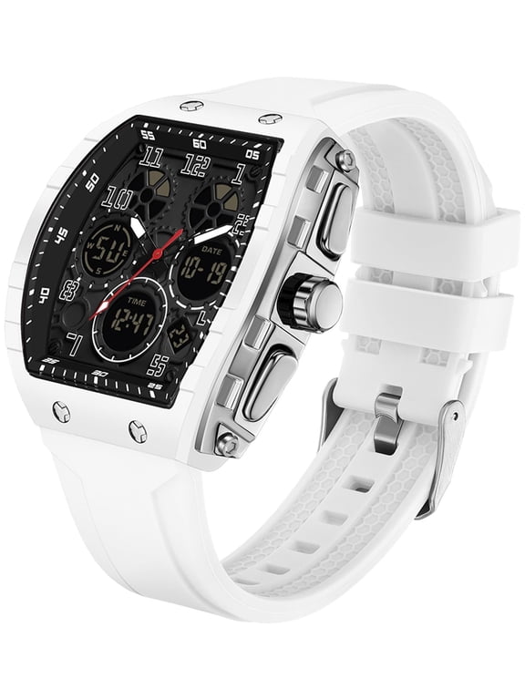 Designer Watches for Men Causal Quartz Dress Wrist Watch Unique Rectangle Dial White Wristwatch with Digital Analog Dual Time Display Countdown
