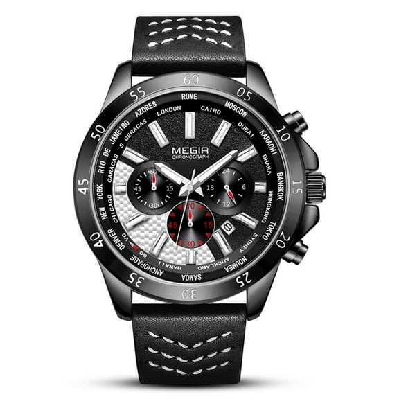 Findtime Men's Analog Business Quartz Chronograph Watch with Stylish Black Leather Strap Big Face for Sports Watch