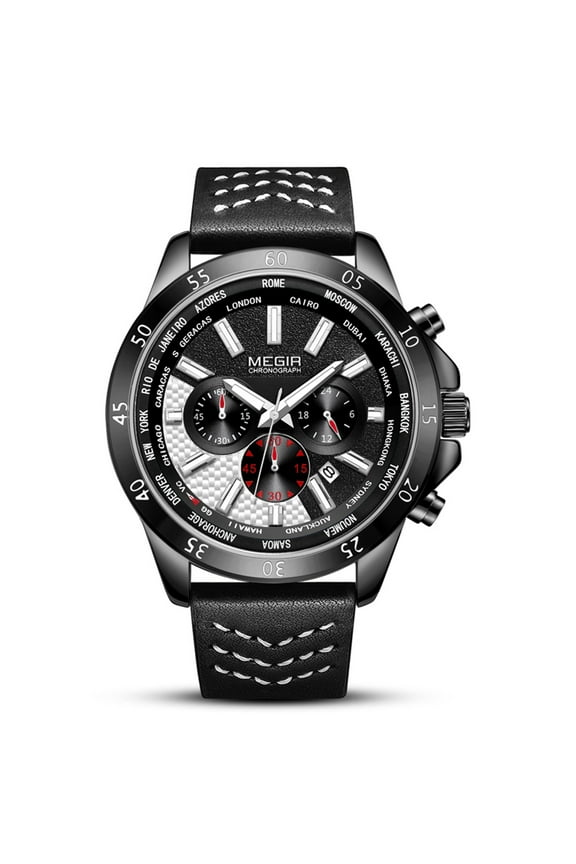 Men's Analog Business Quartz Chronograph Watch with Stylish Black Leather Strap Big Face for Sports Watch