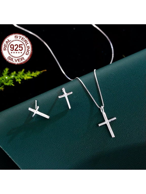 Fine 925 Sterling Silver Glossy Jewelry Set Cross Pendant Necklace and Earrings