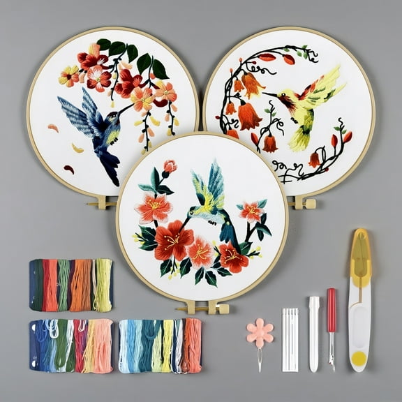Fine Animal Embroidery Kits, Hummingbirds & Flowers with Multi-Color Thread, Needle & Hoop - Beginner-Friendly DIY for Adults (Practice Kit)