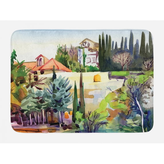 Fine Art Bath Mat, Tuscany Village Scenery with Cottage House Italian Countryside Trees Picture, Plush Bathroom Decor Mat with Non Slip Backing, 29.5" X 17.5", Multicolor, by Ambesonne