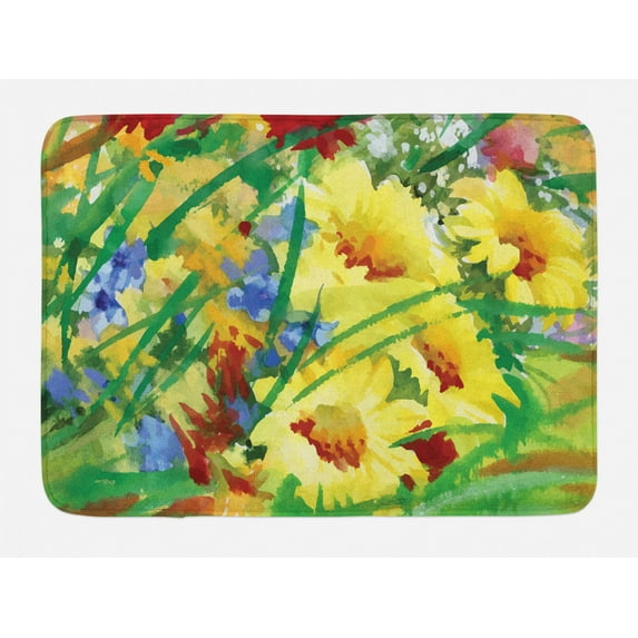 Fine Art Bath Mat, Watercolor Flower Field Summer Bouquet Vintage Brushstroke Spring Inspirations, Plush Bathroom Decor Mat with Non Slip Backing, 29.5" X 17.5", Multicolor, by Ambesonne