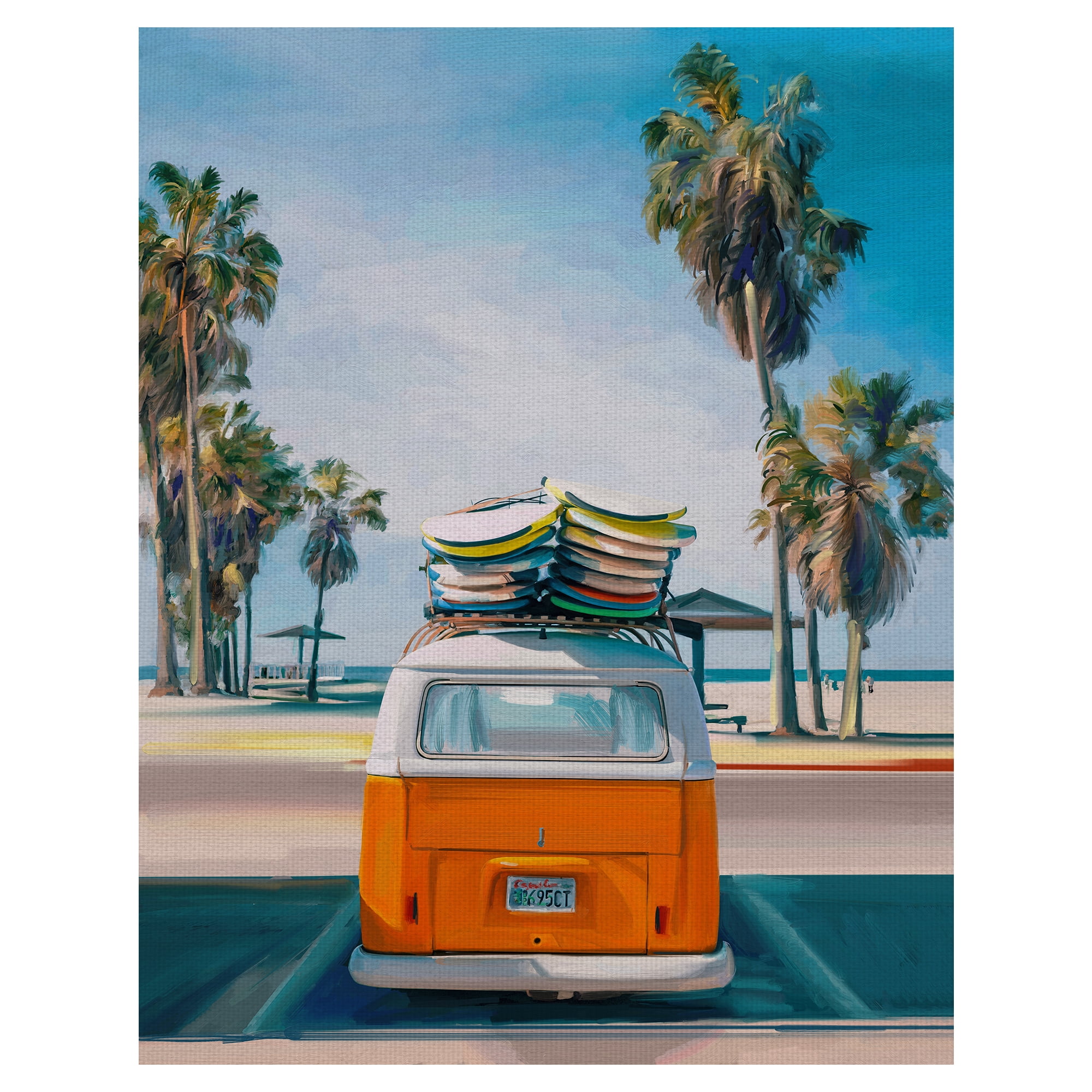 Retro Beach Day Orange Van Coastal Canvas Art for Kids