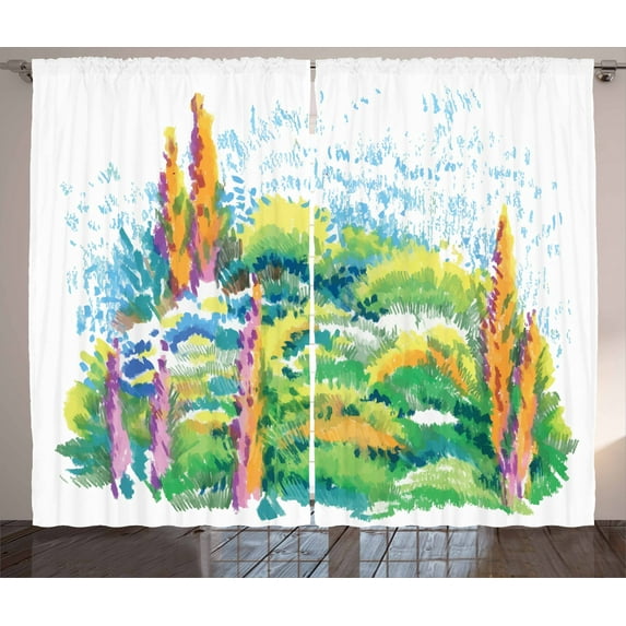 Fine Art Curtains 2 Panels Set, Natural Floral Meadow Landscape with Trees on the Hill August Season Watercolor, Window Drapes for Living Room Bedroom, 108W X 63L Inches, Multicolor, by Ambesonne