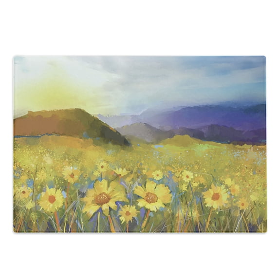 Fine Art Cutting Board, Daisy Flower Blossom Meadow Painting with Hills Sunset Spring Season Foliage Image, Decorative Tempered Glass Cutting and Serving Board, in 3 Sizes, by Ambesonne