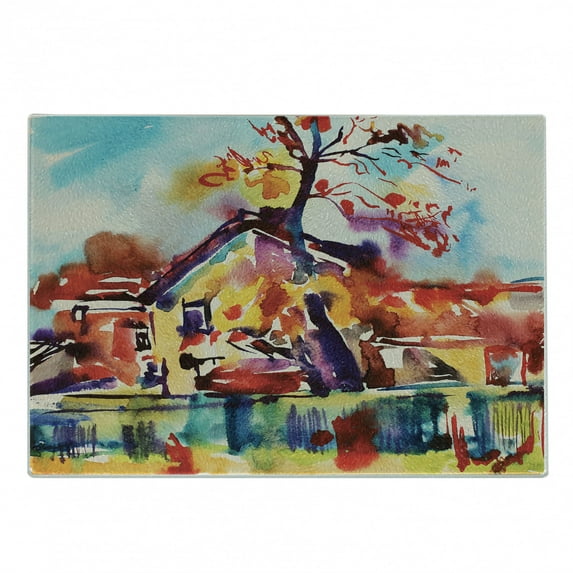 Fine Art Cutting Board, Paintbrush Abstract Countryside Village with Blurry Color Effects Rural Landscape, Decorative Tempered Glass Cutting and Serving Board, in 3 Sizes, by Ambesonne