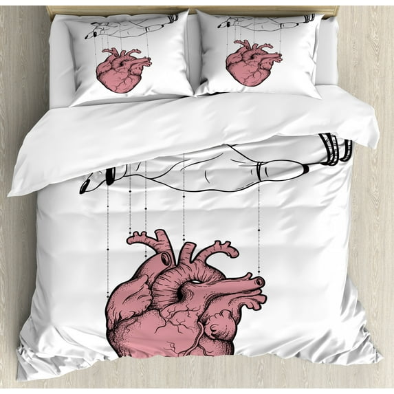 Fine Art Duvet Cover Set Queen Size, Composition of a Puppet Master Hand Controlling a Human Heart, Decorative 3 Piece Bedding Set with 2 Pillow Shams, Dried Rose and Charcoal Grey, by Ambesonne