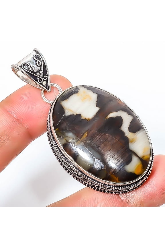 Fine Art - Petrified Peanut Wood Jasper 925 Sterling Silver Bali Pendant 2.34" F2577, Beautiful Jewelry For Woman & G, New Year Sale, Valentin's Day G