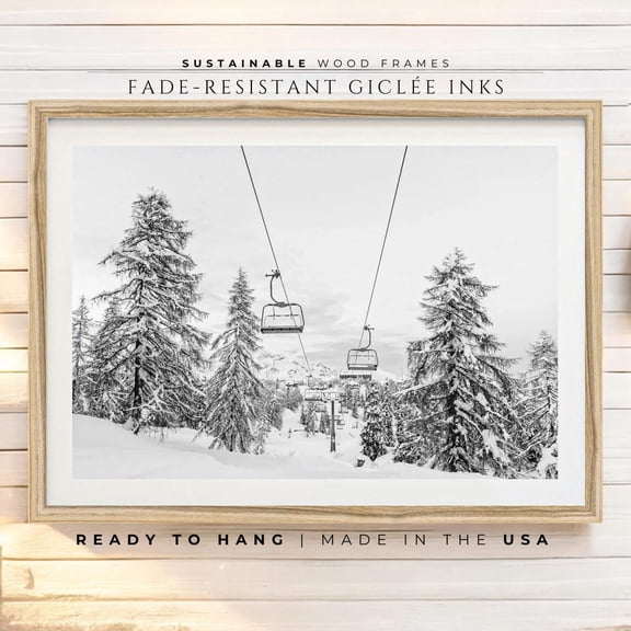 Fine Art Ski Lift Print Black And White Photography, Winter Wall Art, Mountain Cabin Wall Art, Snowboard Ski Home Decor UNFRAMED