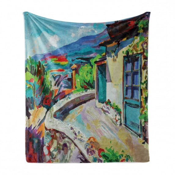 Fine Art Soft Flannel Fleece Blanket, Idyllic Summer View of a Cottage House on Mountains Rural Tranquil French Scenery, Cozy Plush for Indoor and Outdoor Use, 70" x 90", Multicolor, by Ambesonne
