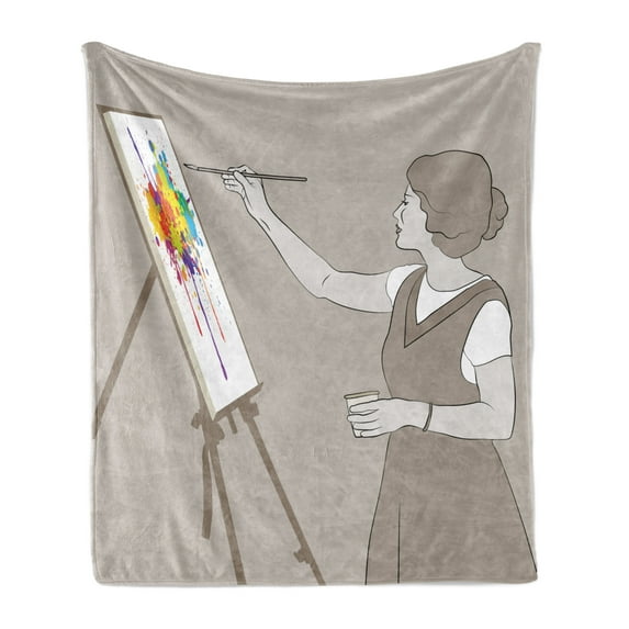 Fine Art Soft Flannel Fleece Blanket, Lady Painting onto Canvas Colorful Paint Splashes Artist Performing, Cozy Plush for Indoor and Outdoor Use, 60" x 80", Dark Eggshell Multicolor, by Ambesonne