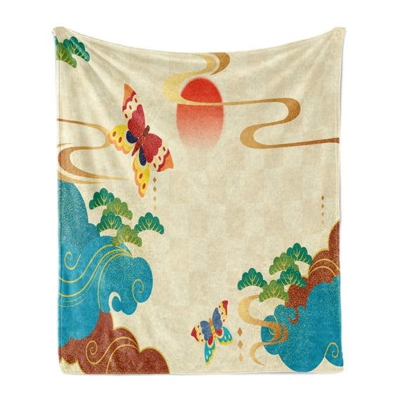 Fine Art Soft Flannel Fleece Throw Blanket, Japanese Style Illustration of Butterflies Sun and Clouds Curves and Waves, Cozy Plush for Indoor and Outdoor Use, 60" x 80", Multicolor, by Ambesonne