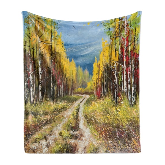 Fine Art Soft Flannel Fleece Throw Blanket, Oil Painting of Nature Landscape with Forest Trees Sky and Pathway, Cozy Plush for Indoor and Outdoor Use, 60" x 80", Multicolor, by Ambesonne