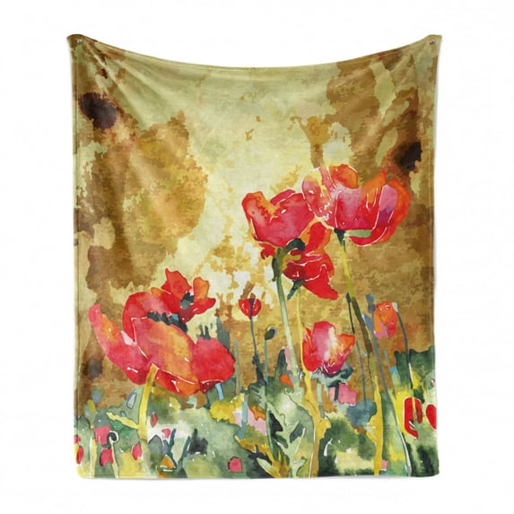Fine Art Soft Flannel Fleece Throw Blanket, Poppy Blooms Meadow Opium Countryside Composition Idyllic Herbal Painting Print, Cozy Plush for Indoor and Outdoor Use, 50" x 60", Multicolor, by Ambesonne
