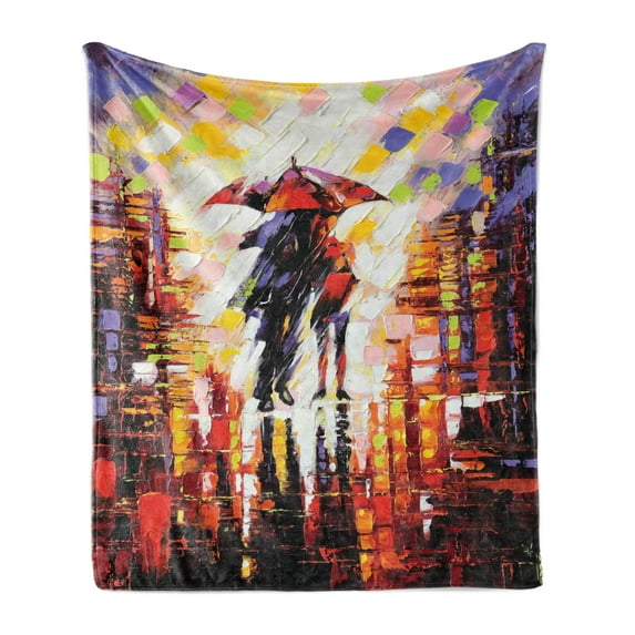 Fine Art Soft Flannel Fleece Throw Blanket, Surrealistic Style Painting of Couple Under Umbrealla Print, Cozy Plush for Indoor and Outdoor Use, 60" x 80", Multicolor, by Ambesonne