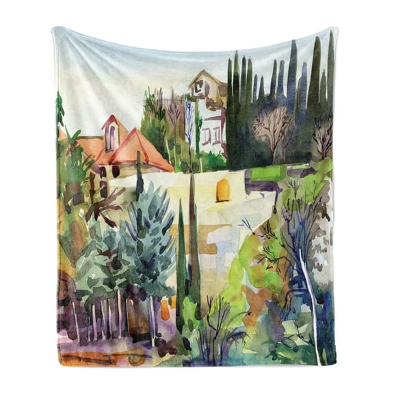 Fine Art Soft Flannel Fleece Throw Blanket, Tuscany Village Scenery with Cottage House Italian Countryside Trees Picture, Cozy Plush for Indoor and Outdoor Use, 50" x 70", Multicolor, by Ambesonne