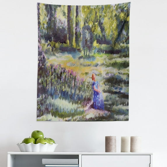 Fine Art Tapestry, Illustration of a Painting of a Nature Landscape Scene with a Woman in Woods, Fabric Wall Hanging Decor for Bedroom Living Room Dorm, 5 Sizes, Multicolor, by Ambesonne