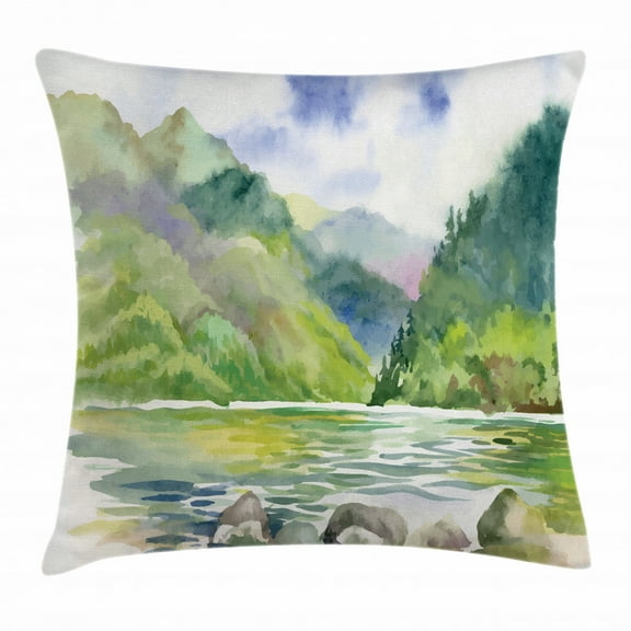 Fine Art Throw Pillow Cushion Cover, Summer River Surrounded by Tree Forest Lake Bush Foliage Serenity, Decorative Square Accent Pillow Case, 16 X 16 Inches, Green Purple and White, by Ambesonne