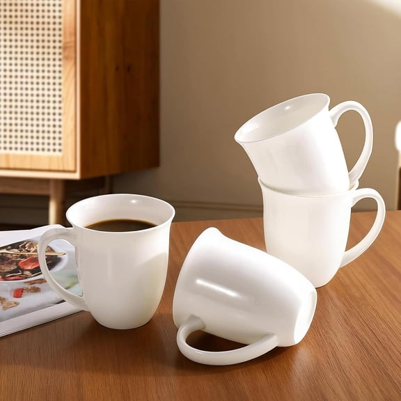 Fine Bone China Coffee Mugs Set of 6, 13 Oz White Tea Cups with Outwardly Tilted Rim, Wide Mouth Lightweight Ceramic Coffee Mugs, Gifts for Coffee & Tea Lovers