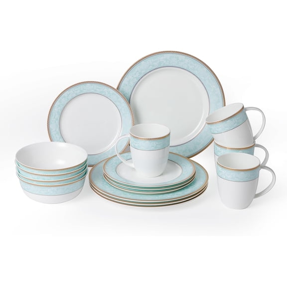 Fine Bone China Dinnerware Set,16 Pcs Classic Relief Pattern Gilt Edged High Grade Porcelain Tableware Sets For 4 People