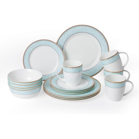 Fine Bone China Dinnerware Set,16 Pcs Classic Relief Pattern Gilt Edged High Grade Porcelain Tableware Sets For 4 People