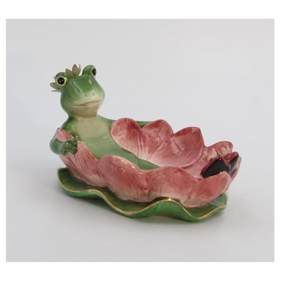 Fine Ceramic Hand Painted Lady Frog on Water Lily Lotus Flower Soap Dish or Nic Nac Dish or Jewelry Plate, 6-1/4" L