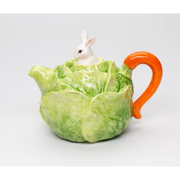 Fine Ceramic Spring Easter Bunny Rabbit on Lettuce Carrot Teapot, 7-1/8" L
