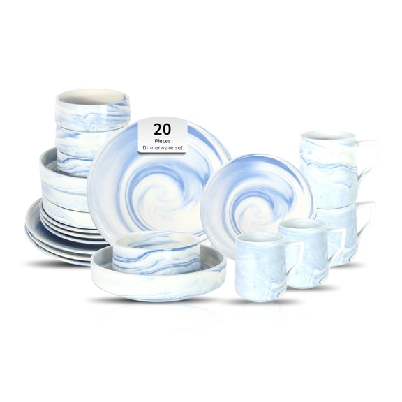Fine China Artisan Marble Blue 20pc Dinnerware Set