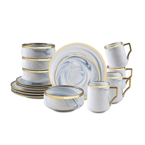 Fine China Artisan Marbled 16pc Dinner Set, Blue with Gold Line
