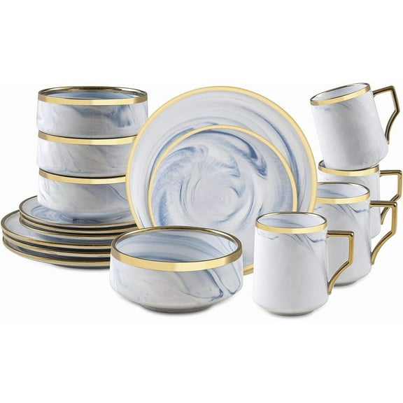 Fine China Artisan Marbled 16pc Dinner Set, Blue with Gold