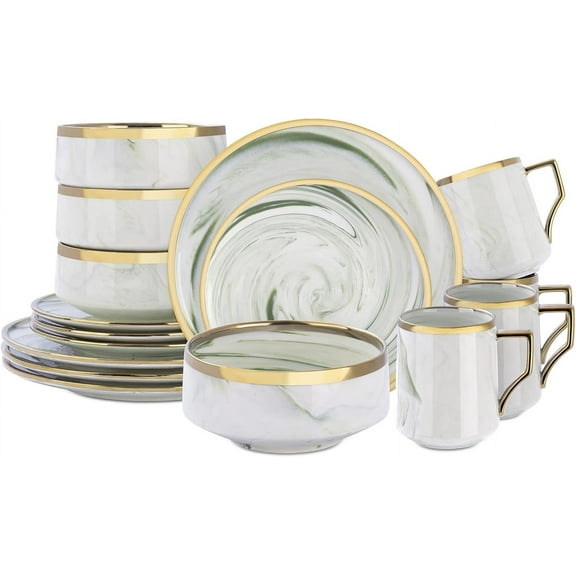 Fine China Artisan Marbled 16pc Dinner Set, Green with Gold