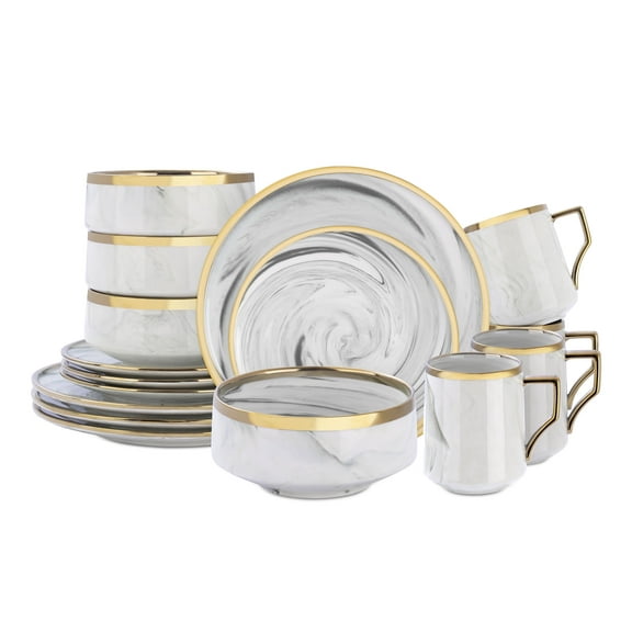 Fine China Artisan Marbled 16pc Dinner Set, Grey with Gold Line