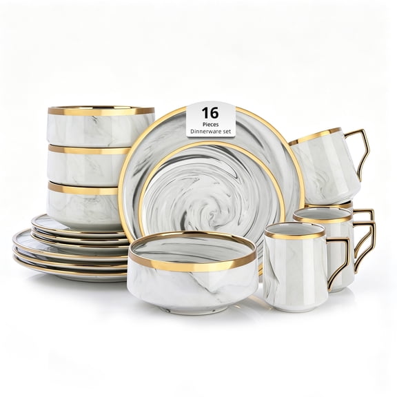 Fine China Artisan Marbled 16pc Dinner Set, Grey with Gold Line