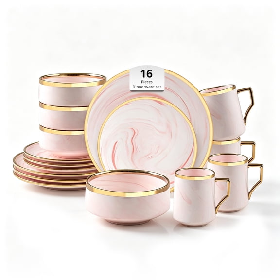 Fine China Artisan Marbled 16pc Dinner Set, Pink with Gold Line