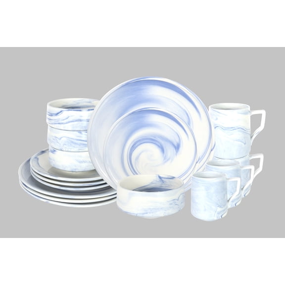 Fine China Artisan Marbled Blue 16pc Dinner Set