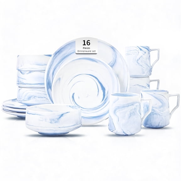 Fine China Artisan Marbled Blue 16pc Dinner Set