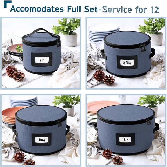 Fine China Storage Containers, 5 Piece Quilted Dish Storage Containers, Mug, Cup, and Plate Dish Organizer with Felt Dividers, Service of 12 Dinnerware Boxes for Moving, Seasonal Organization, Blue