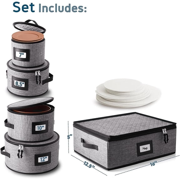 Fine China Storage Containers, 5 Piece Quilted Dish Storage Containers, Mug, Cup, and Plate Dish Organizer with Felt Dividers, Service of 12 Dinnerware Boxes for Moving, Seasonal Organization, Grey