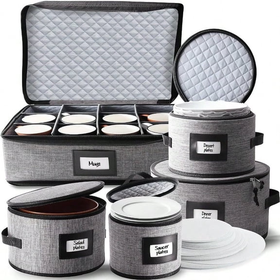 Fine China Storage Containers 5 Piece Quilted Dish Storage Containers Mug Cup and Plate Dish Organizer with Felt Dividers Service of 12 Dinnerware Boxes for Moving Seasonal Organization Grey